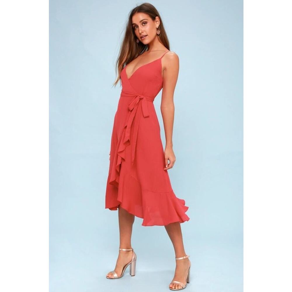 Lulus Manhatten Moment Berry Pink Ruffled Midi Wrap Dress Sz XS NEW
